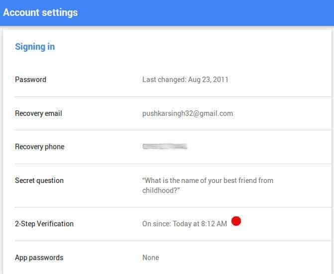 Google other account setting page