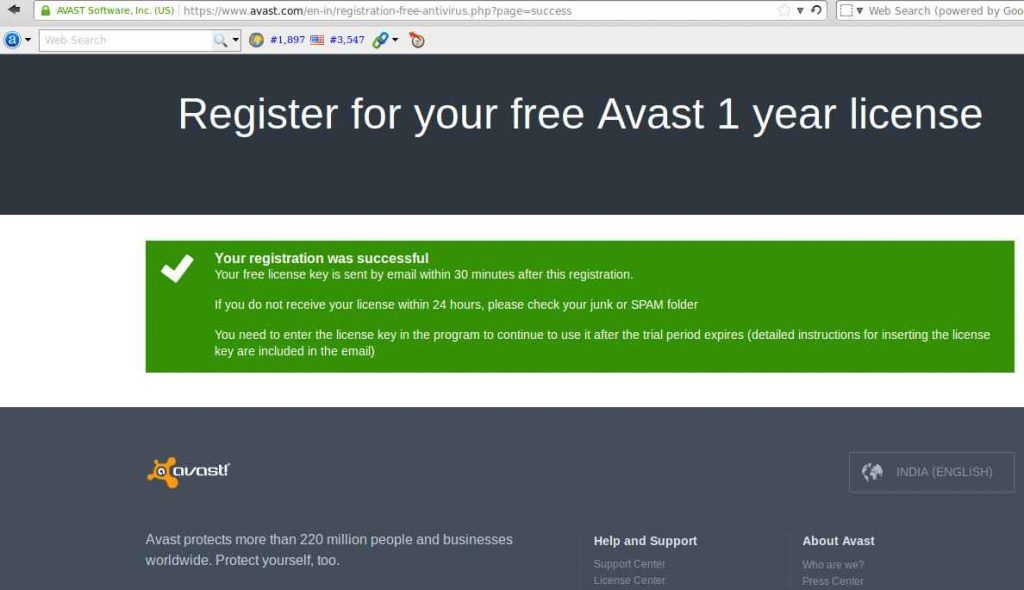 Successful avast registration