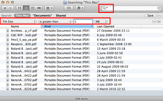 Finder locate large files