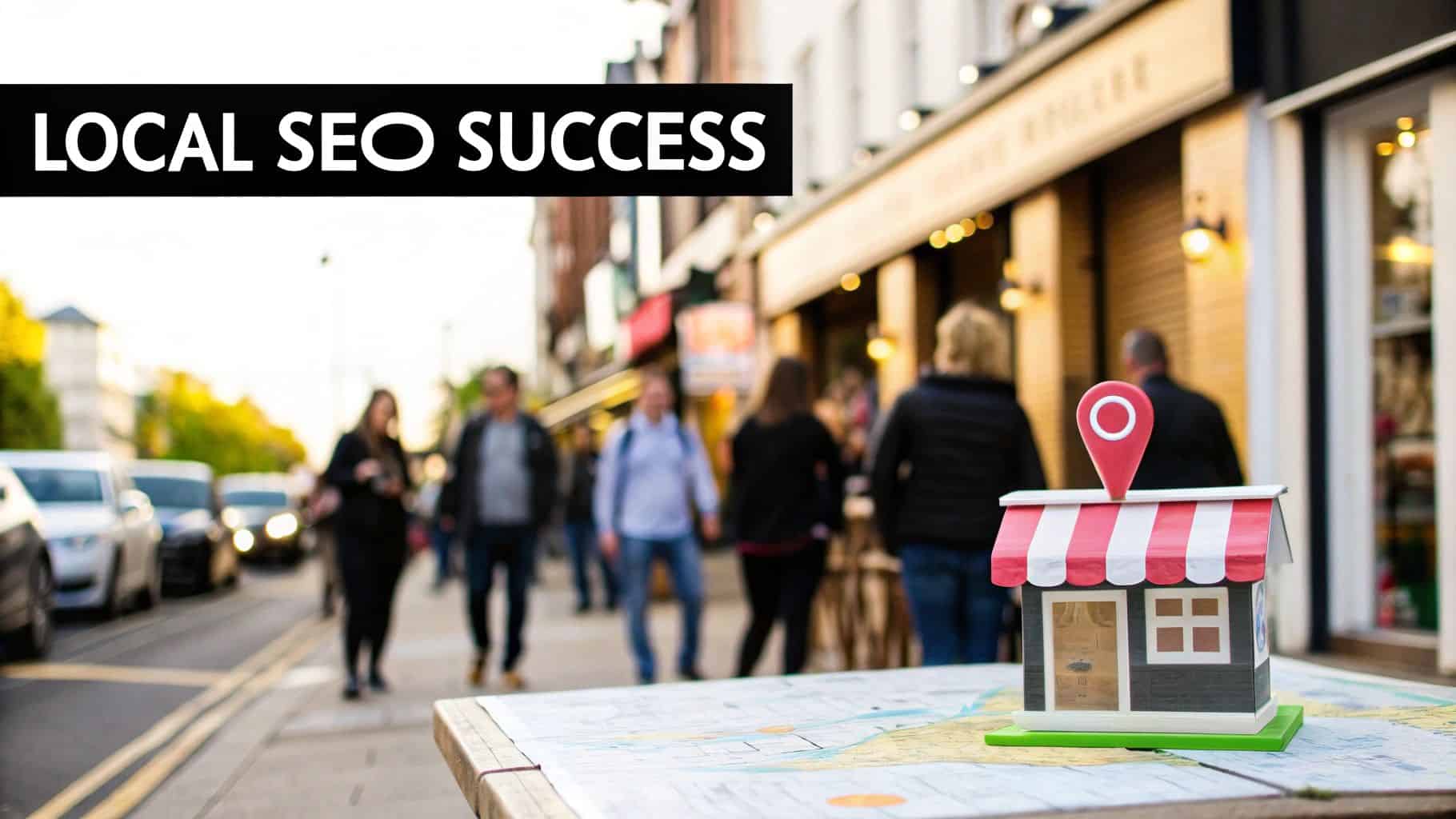 An image illustrating local SEO concepts with icons representing a map pin, a star rating, and a storefront.