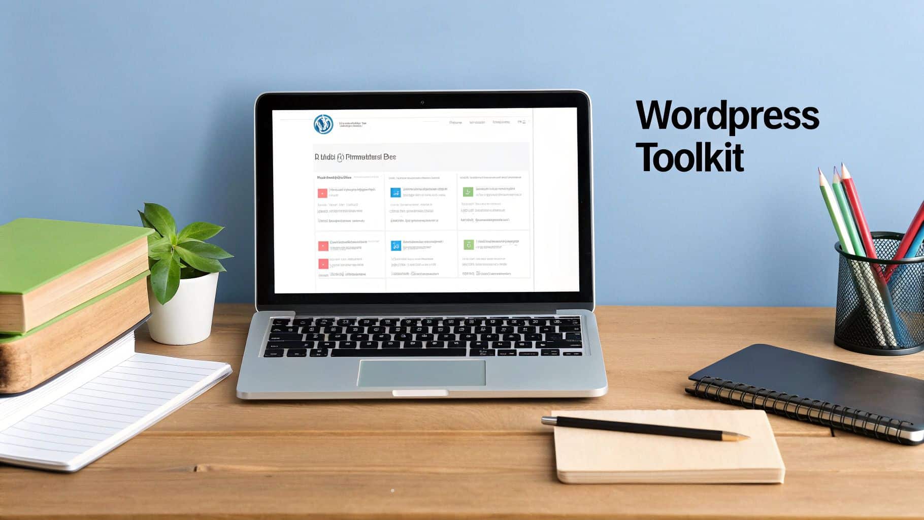 A person working on a laptop with the WordPress logo displayed on a coffee mug beside them, symbolizing the start of a new website project.