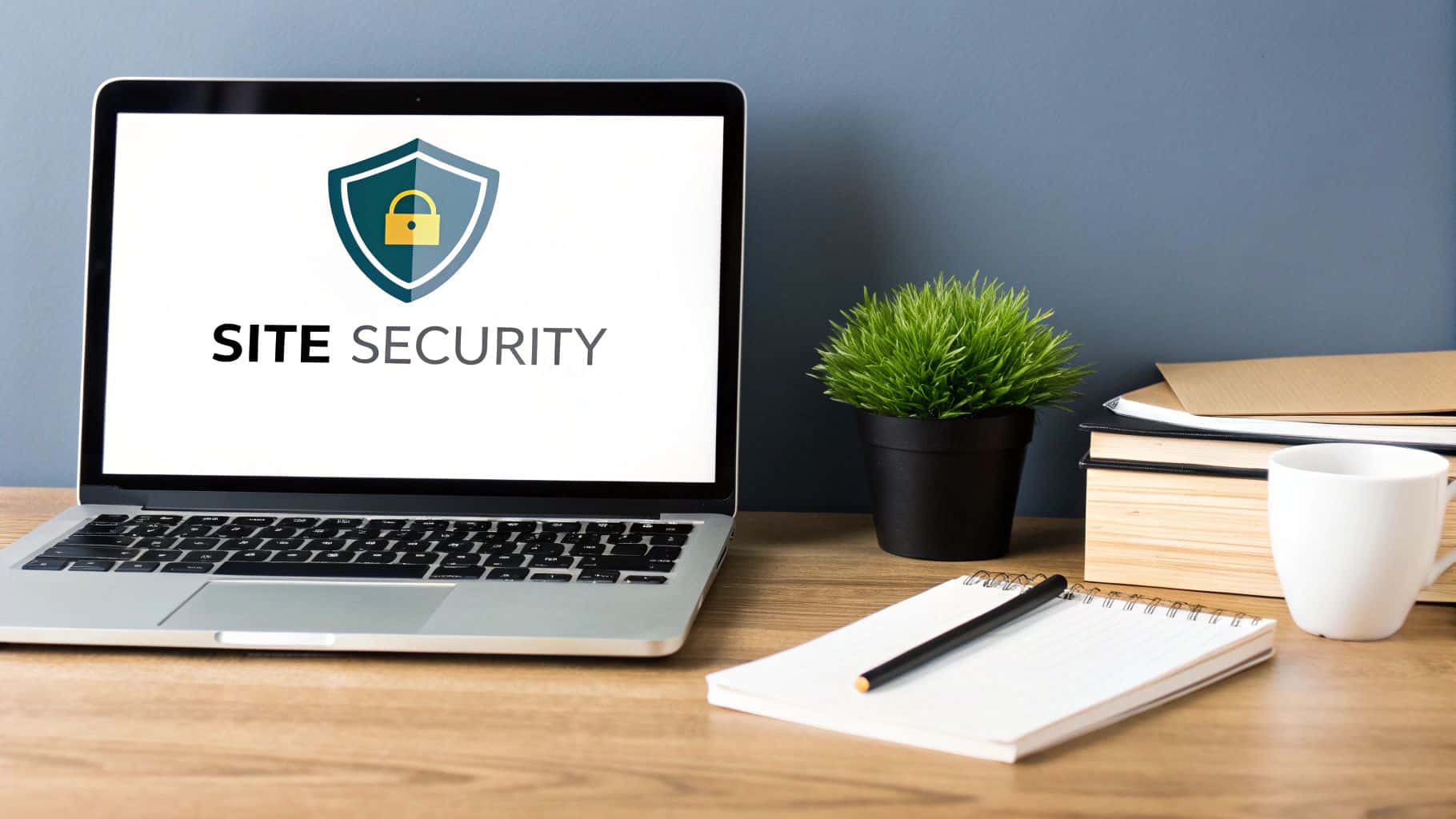 A shield icon superimposed over a website layout, symbolizing digital security and protection.
