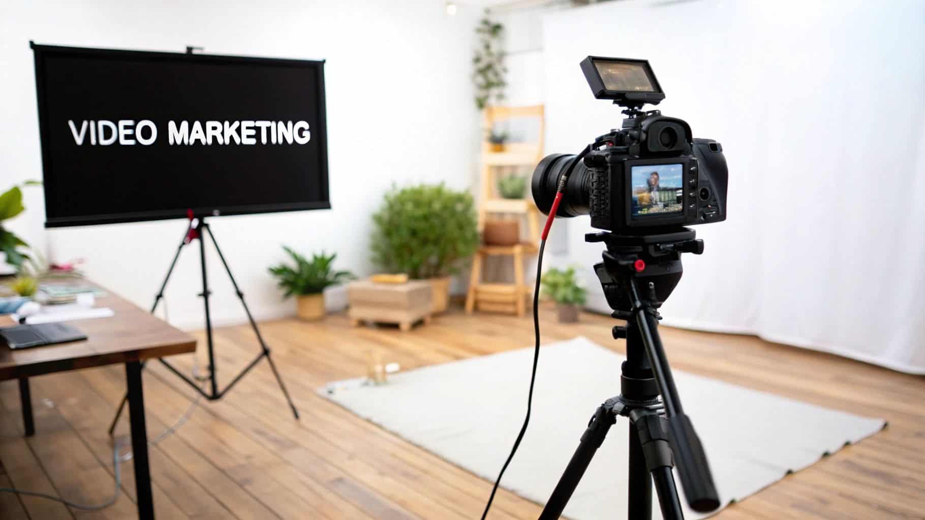 An illustration showing various elements of video marketing, including a camera, editing software, social media icons, and engagement metrics.